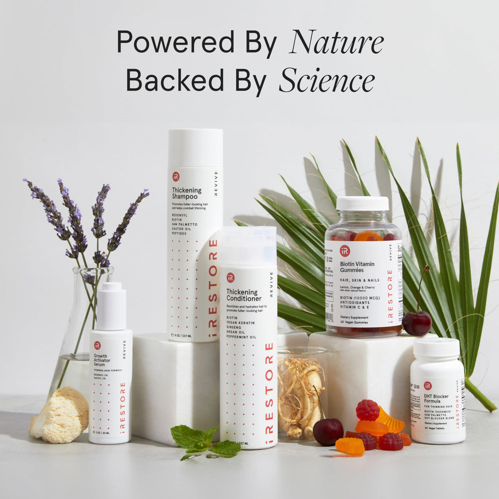 Product packaging and box for iRestore Hair Gummy Vitamins.