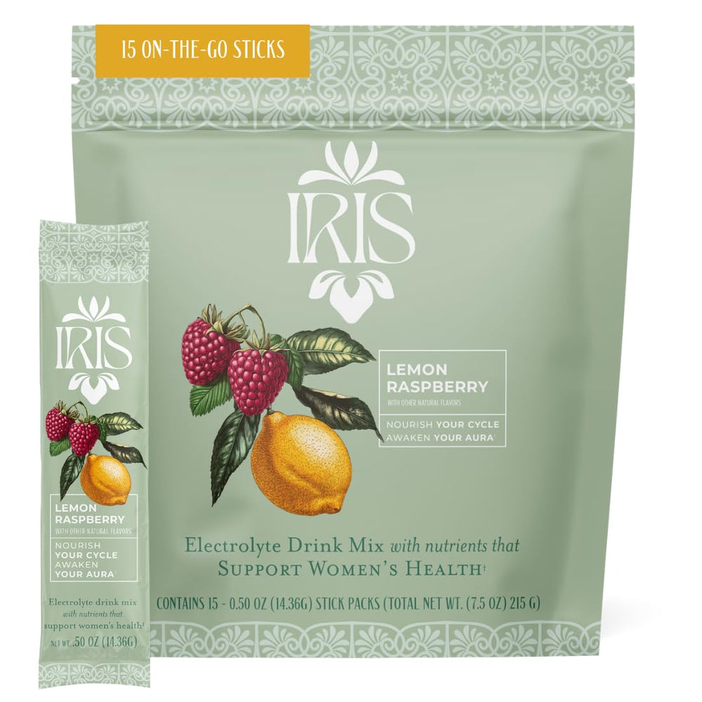 Iris front packaging showing raspberry lemon flavor and benefits