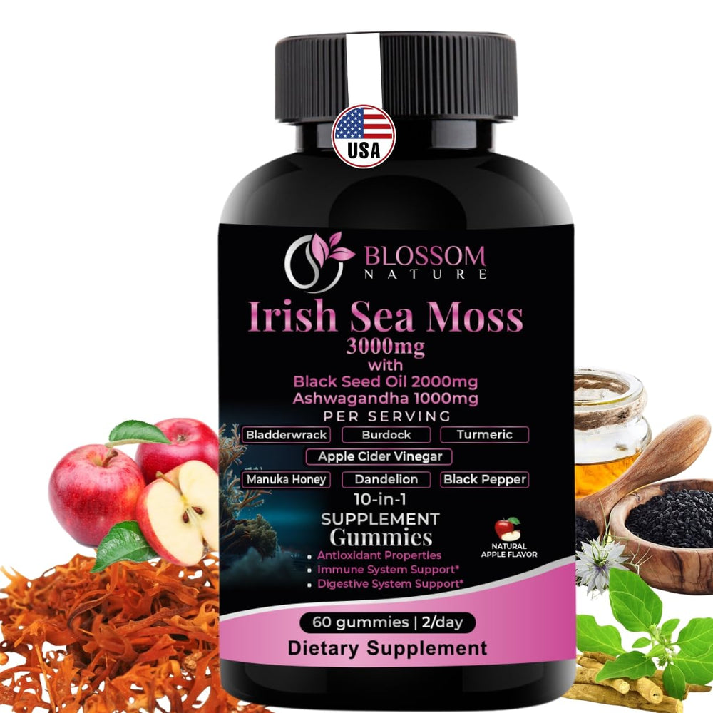 Bottle with 10-in-1 Irish Sea Moss Gummies and ingredients on label