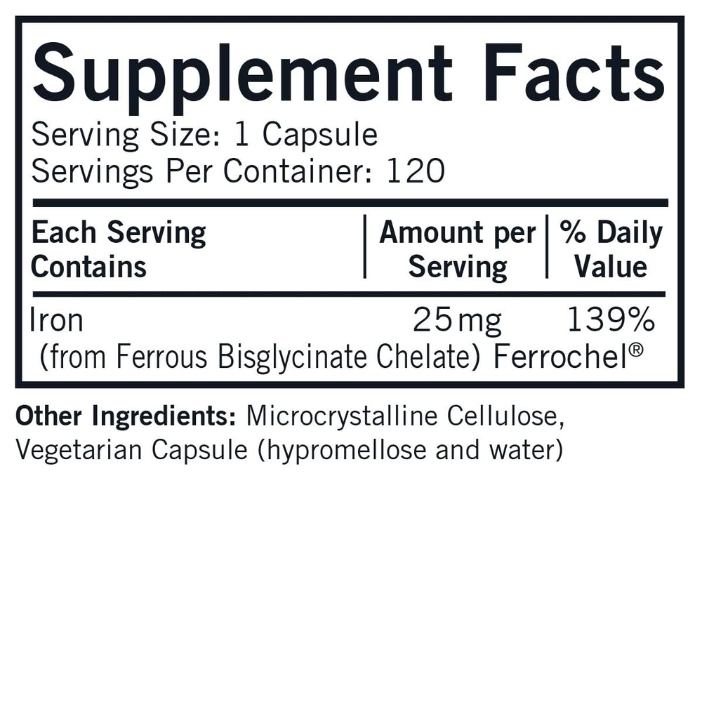 Close-up of Iron 25 mg Bio-Max Series Capsules label