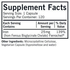 Close-up of Iron 25 mg Bio-Max Series Capsules label