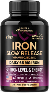 Bottle of Iron 65mg slow-release supplement for women