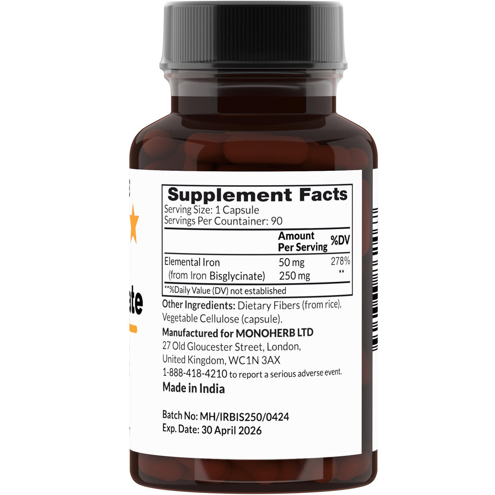 Close-up of transparent vegetable capsules containing iron bisglycinate