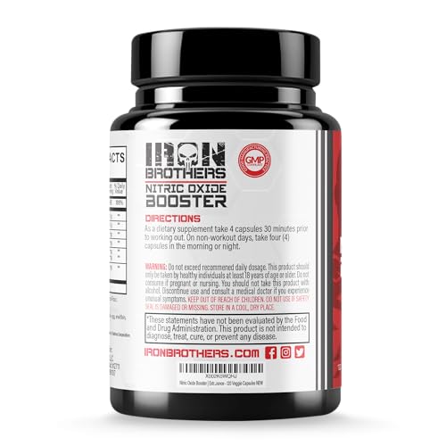 Iron Brothers Nitric Oxide Booster capsules highlighting pumps and vascularity
