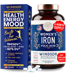 Bottle of Iron and Folic Acid Supplements for Women - 180 vegan tablets