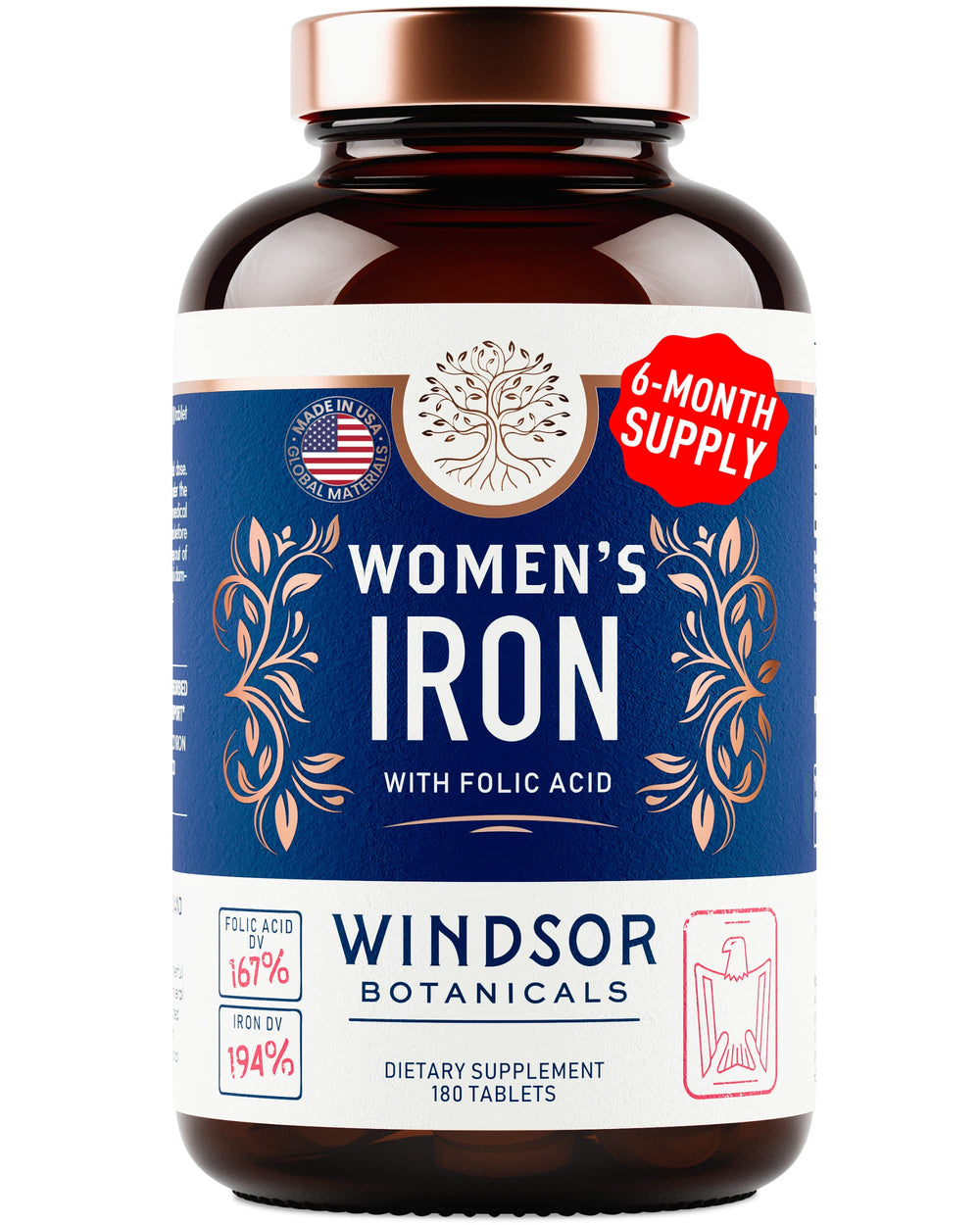 Product bottle and cap highlighting iron and folic acid