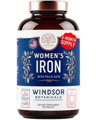 Product bottle and cap highlighting iron and folic acid