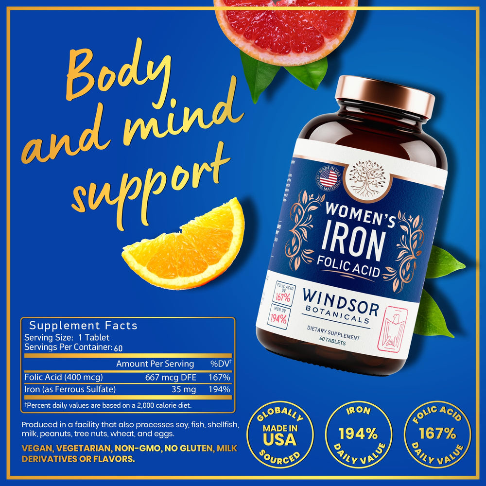 Close-up of tablet showing 35mg iron and 400mcg folic acid.