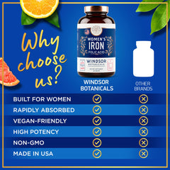 Nutrition facts label showing iron 35mg and folic acid 400mcg.