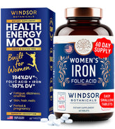 Pack shot of Iron & Folic Acid supplements for Women, 60 vegan tablets.