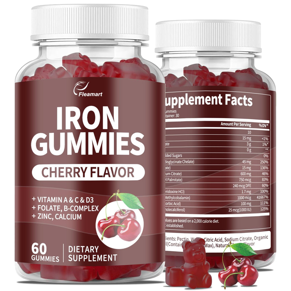 Iron Gummies bottle featuring 60 cherry-flavor gummies