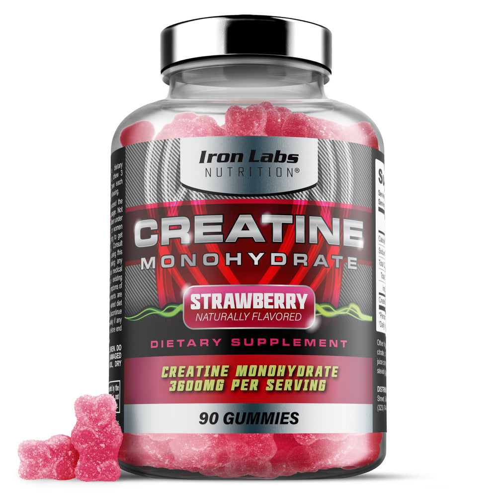 Front view of Iron Labs Creatine Monohydrate Gummies Strawberry bottle