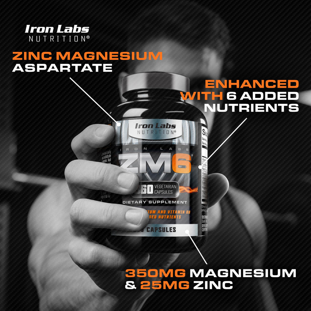 Close-up detail of the Iron Labs ZM6 label with zinc magnesium aspartate information