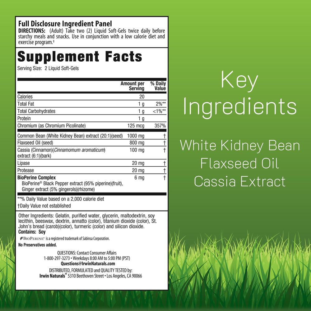 Irwin Naturals 3in1 carb blocker capsules close up for convenient digestion support