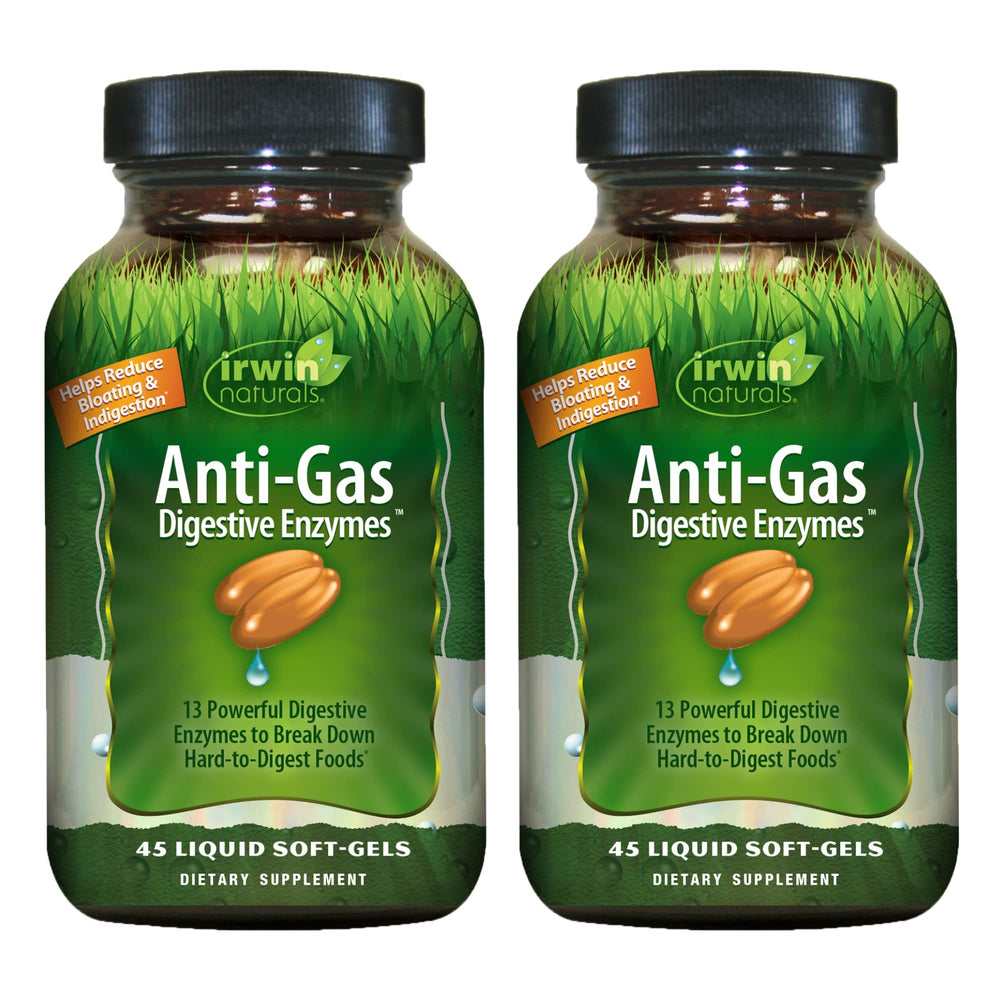 Front view of Irwin Naturals Anti-Gas Digestive Enzymes bottle