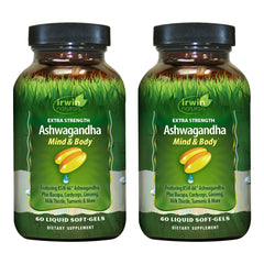 Front view of Irwin Naturals Extra Strength Ashwagandha bottle with 60 soft-gels