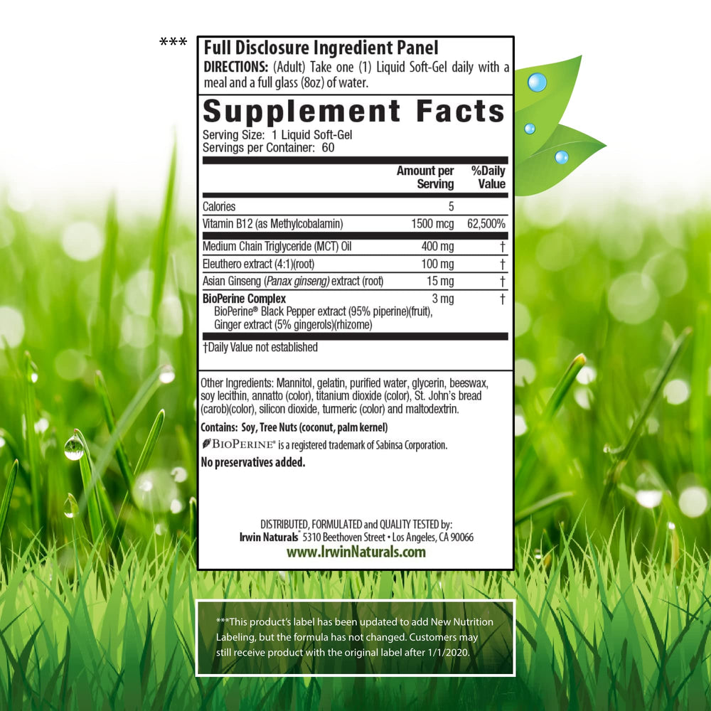 Close-up of 1500mcg B12 methylcobalamin liquid softgel capsules