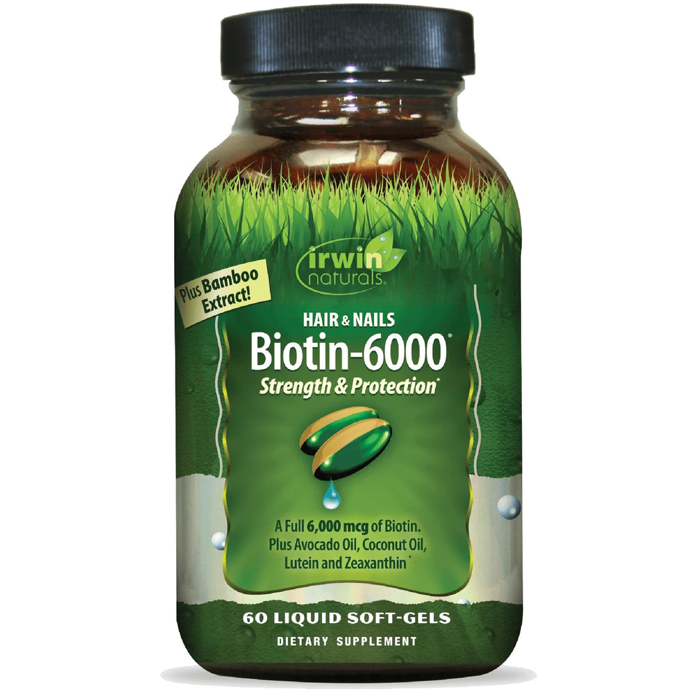 Front view of Irwin Naturals Biotin-6000 bottle with label