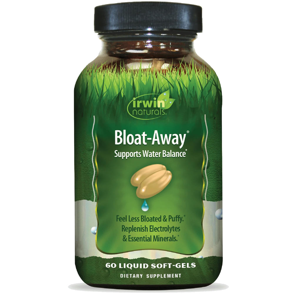 Irwin Naturals Bloat-Away bottle with label showing 60 liquid soft-gels