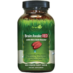 Irwin Naturals Brain Awake RED bottle front view showing focus support and mental clarity