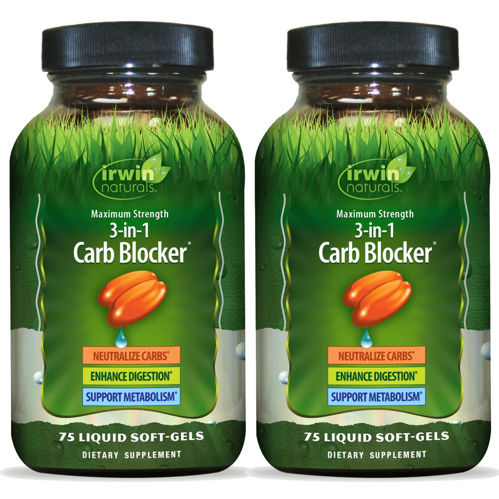 Irwin Naturals carb blocker bottle shown for convenient metabolic support