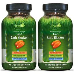 Irwin Naturals carb blocker bottle shown for convenient metabolic support
