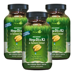 Irwin Naturals D3 & K2 Turmeric Soft-Gels bottle front view