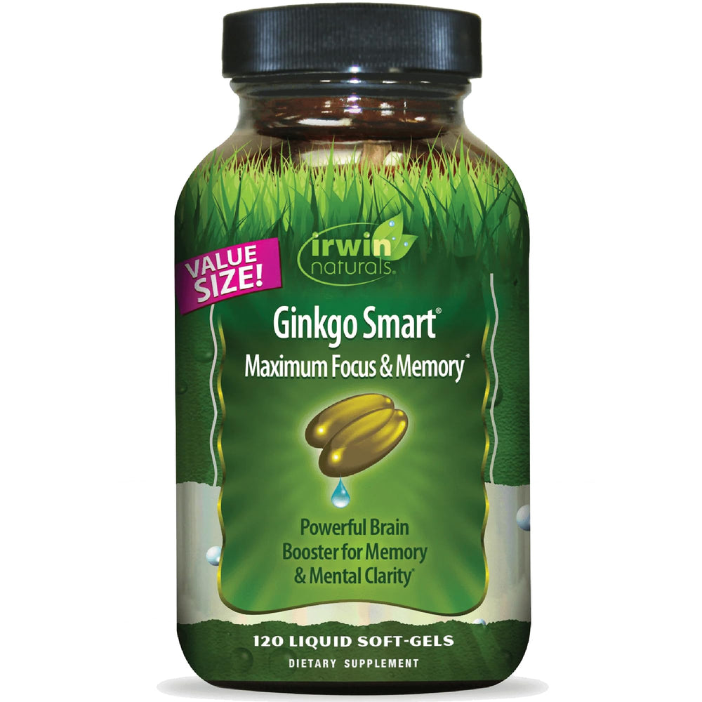 Front view of Irwin Naturals Ginkgo Smart bottle with 120 softgels