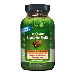 Irwin Naturals Only One Liquid-Gel Multi with Iron bottle and softgels