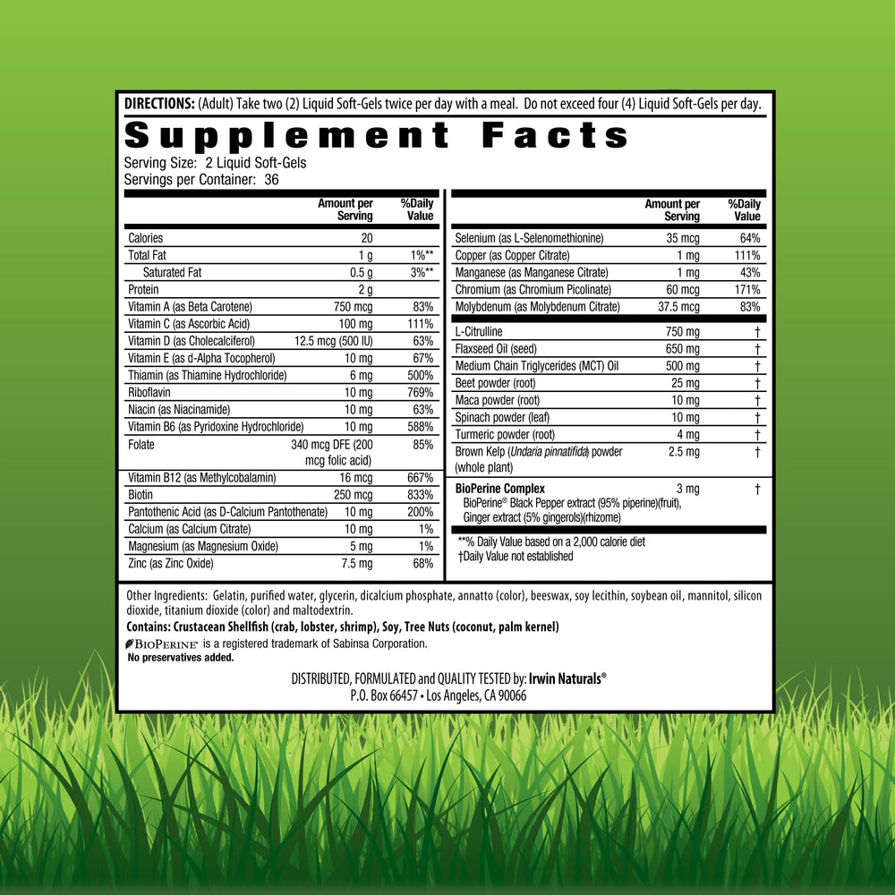 Irwin Naturals Quick Energy Red bottle pour highlighting easy-to-swallow liquid-gel format.