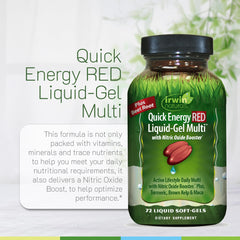 Irwin Naturals Quick Energy Red contains maca, turmeric, flaxseed oils for nourishment.
