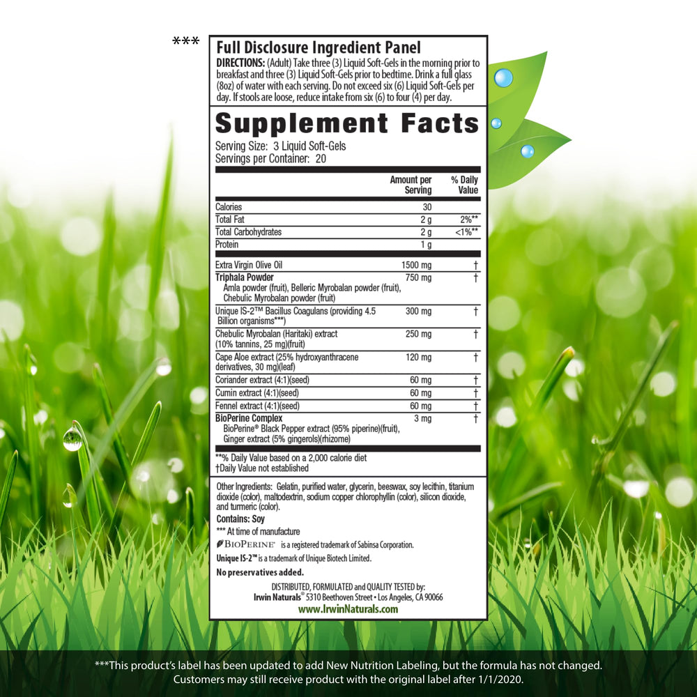 Irwin Naturals softgels close-up for convenient daily digestion support.