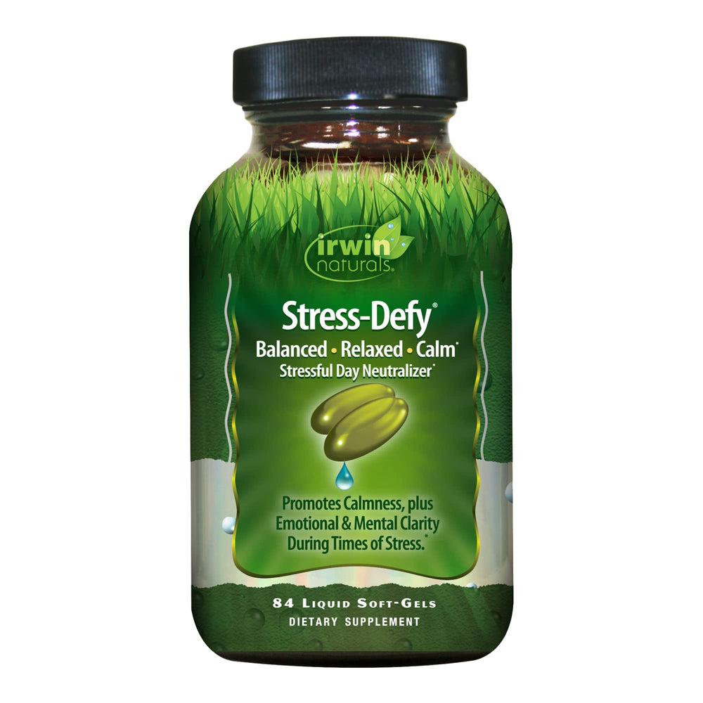 Bottle of Irwin Naturals Stress-Defy 84 liquid soft-gels