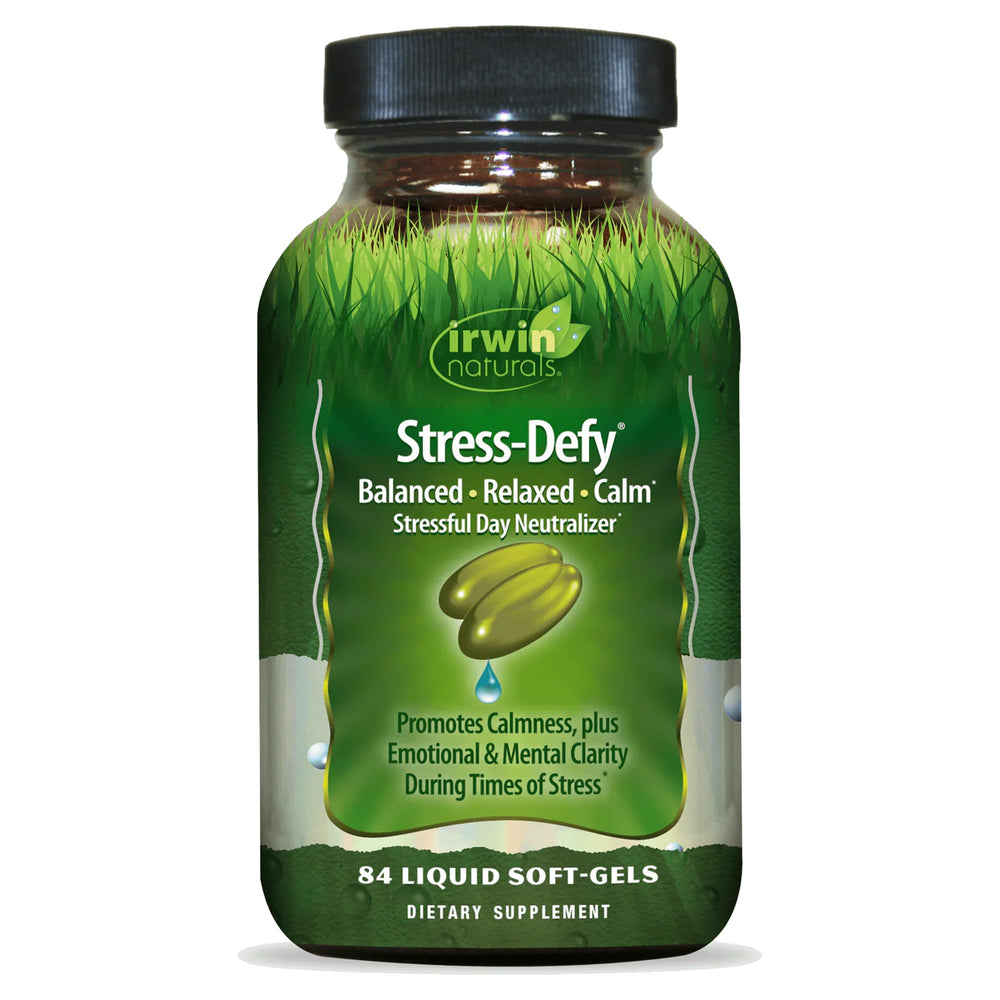 Bottle of Irwin Naturals Stress-Defy 84 liquid softgels with label showing Rhodiola & L-Theanine