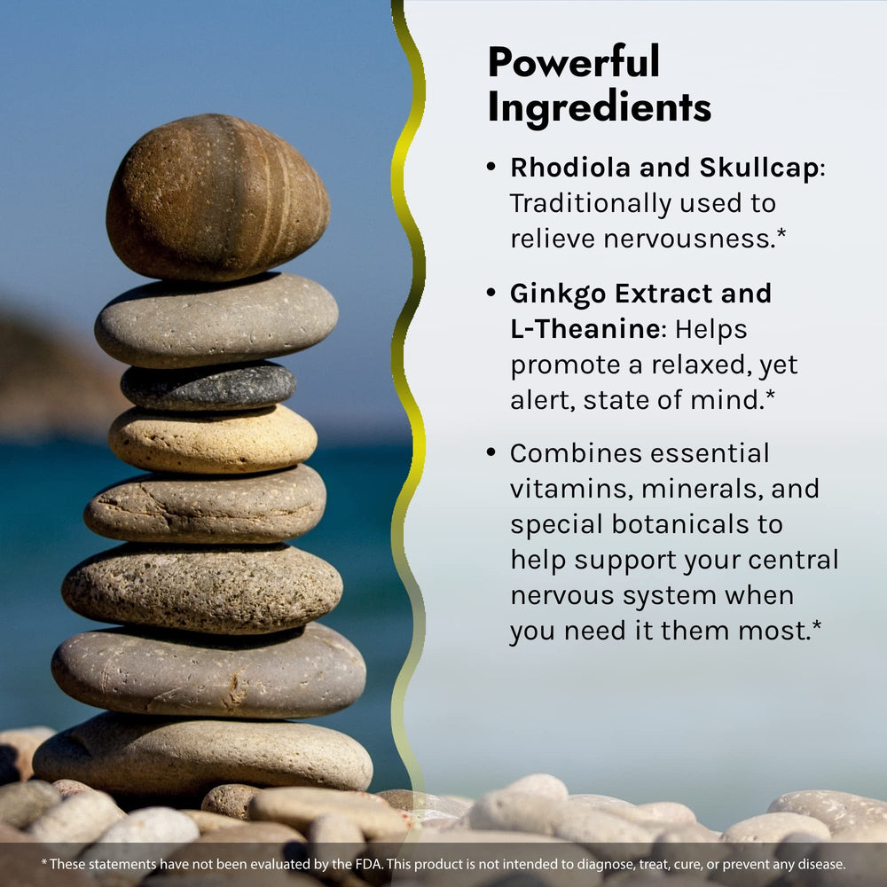 Graphic highlighting Rhodiola, L-Theanine, Skullcap and Ginkgo