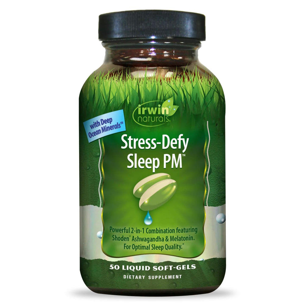 Irwin Naturals Stress-Defy Sleep PM bottle with 50 liquid soft-gels