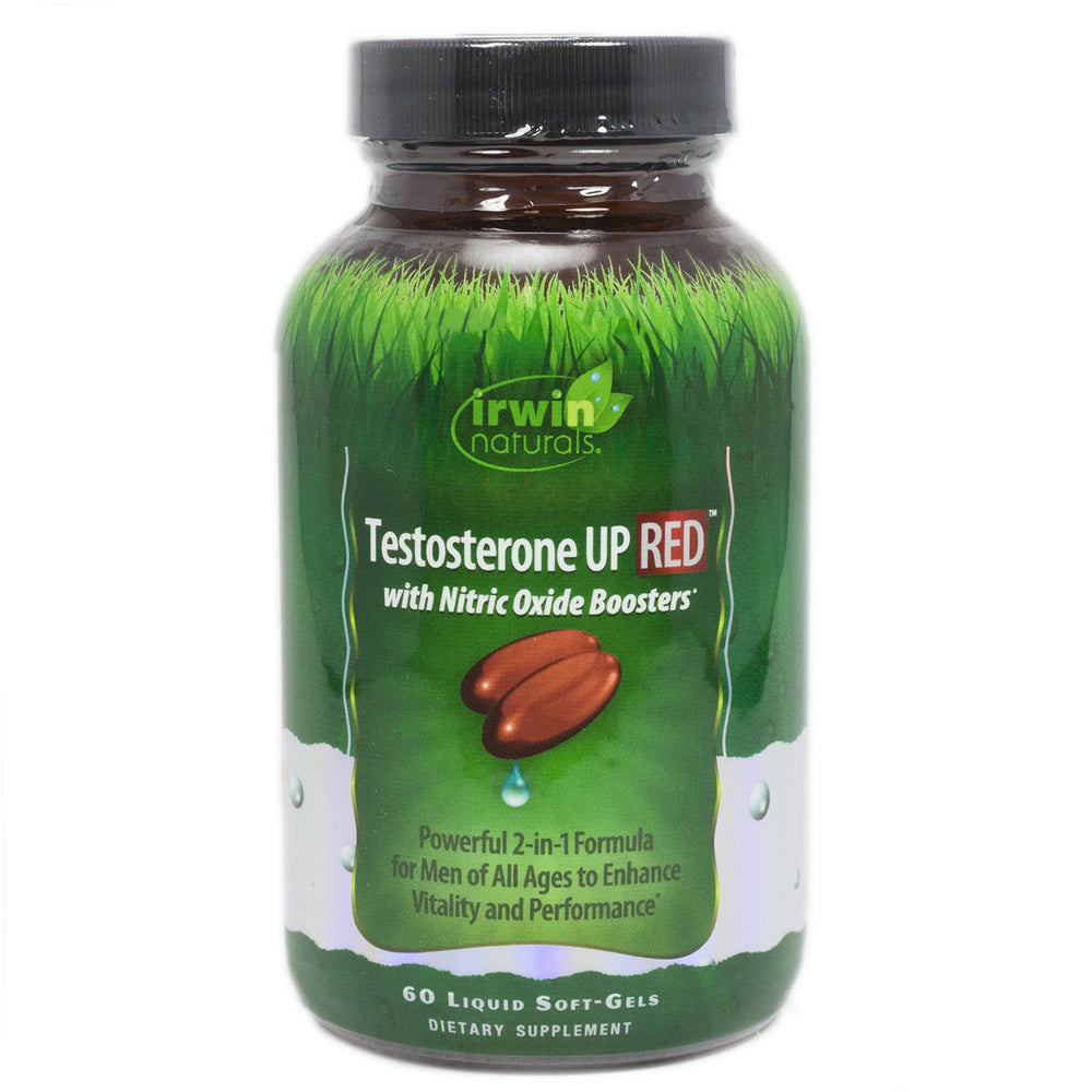 Irwin Naturals Testosterone Up Red bottle highlights a 2-in-1 formula for performance support