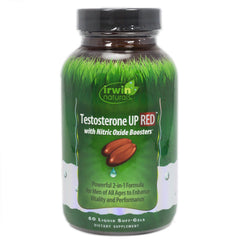 Irwin Naturals Testosterone Up Red bottle highlights a 2-in-1 formula for performance support
