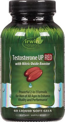 Irwin Naturals Testosterone Up Red softgels close-up emphasizes nitric oxide boosters for vascular support