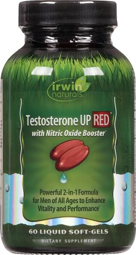 Irwin Naturals Testosterone Up Red softgels close-up emphasizes nitric oxide boosters for vascular support
