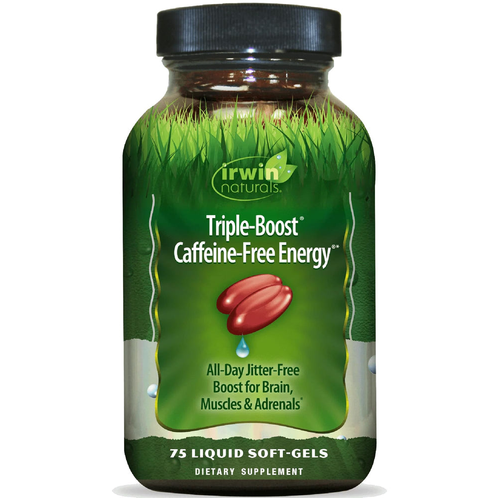 Front view of Irwin Naturals Triple-Boost caffeine-free energy bottle