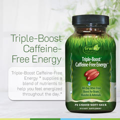 Irwin Naturals triple-boost ingredients panel highlights adaptogenic blend.