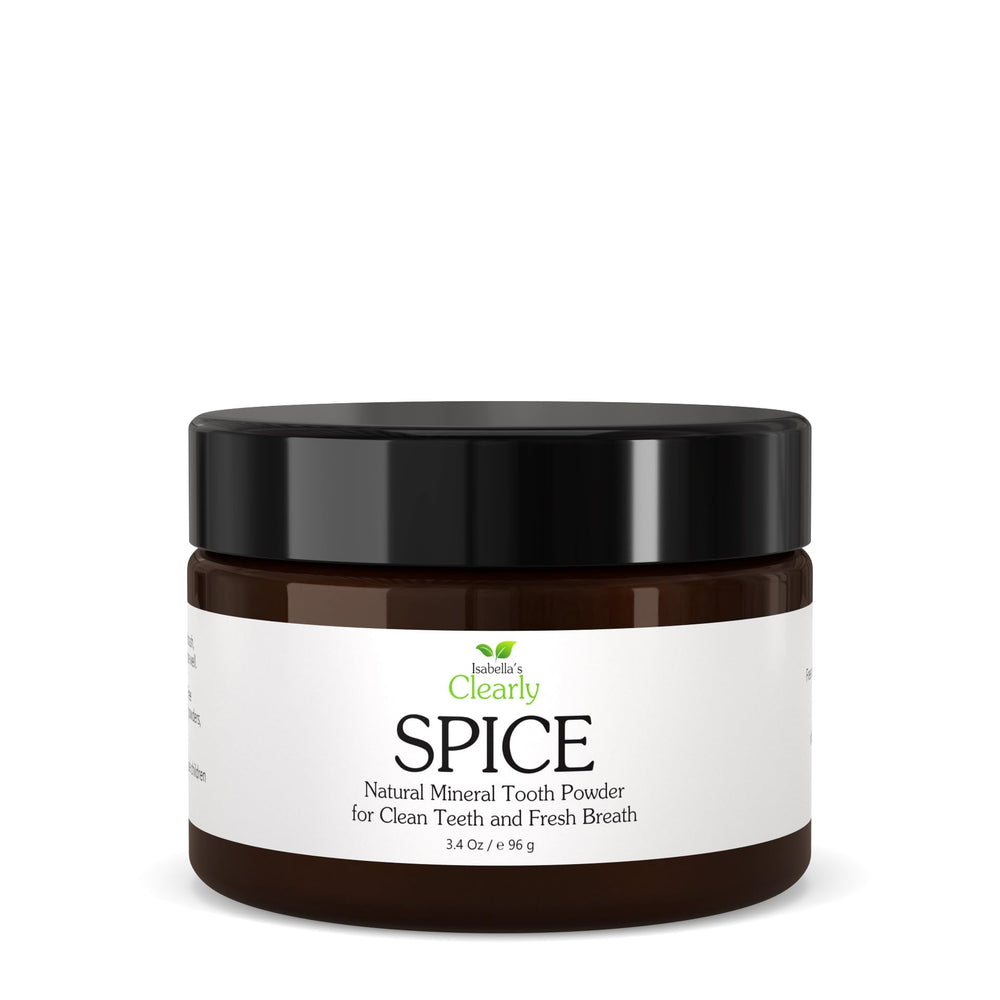 Jar of Isabella's Clearly Spice remineralizing tooth powder with label
