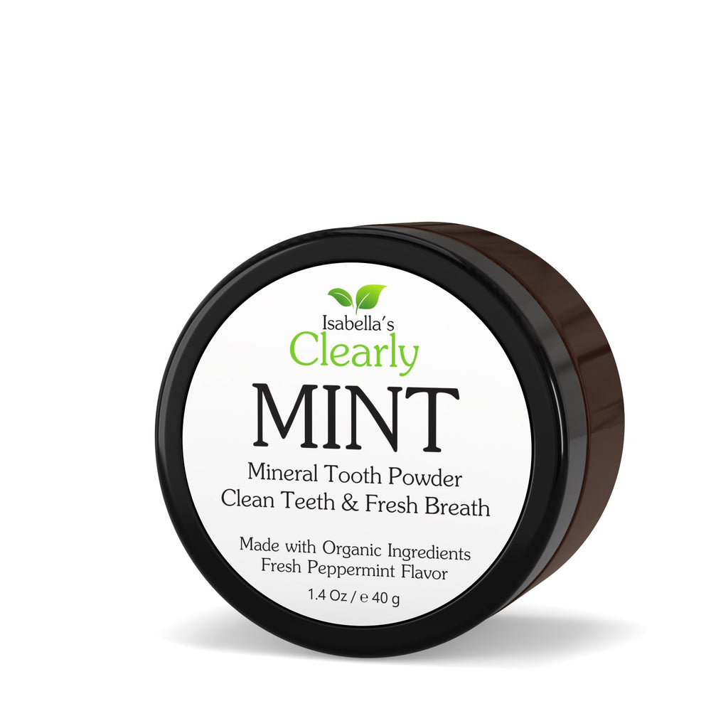 Isabella's Clearly Mint remineralizing tooth powder jar with label