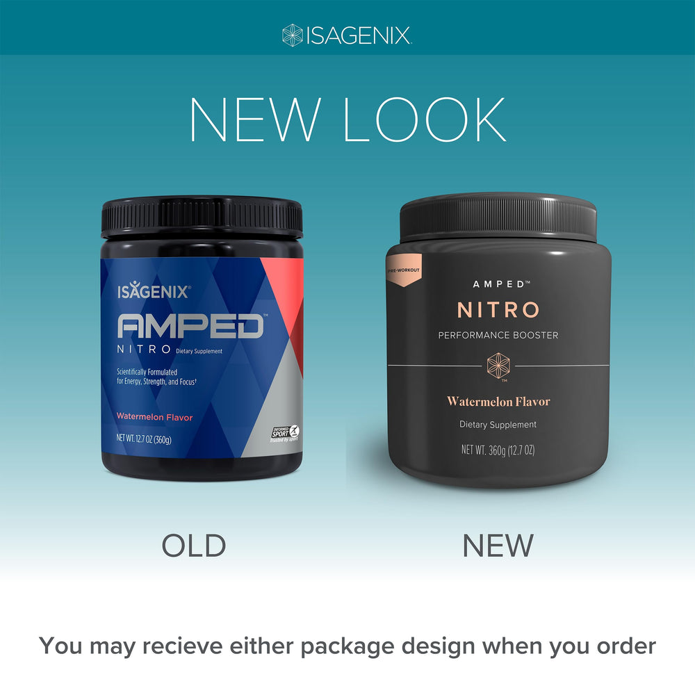 Isagenix Amped Nitro front packaging highlighting watermelon flavor and 20 servings.