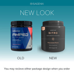 Isagenix Amped Nitro front packaging highlighting watermelon flavor and 20 servings.