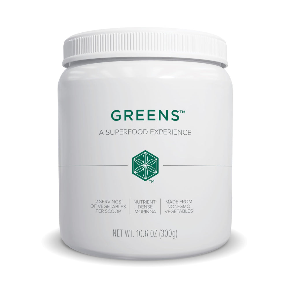 Isagenix Moringa Greens powder container with greens illustration