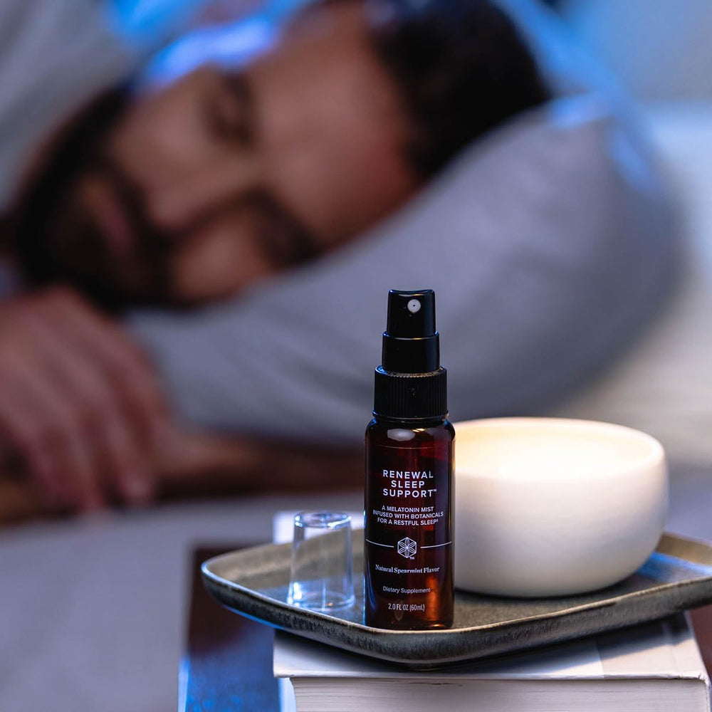 Nighttime sleep imagery with mint accents and bottle