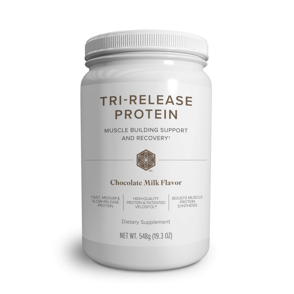 Front view of Isagenix Tri-Release Protein chocolate milk canister