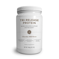 Front view of Isagenix Tri-Release Protein chocolate milk canister
